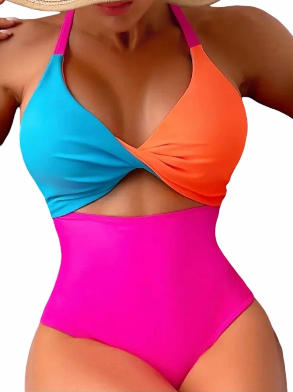 Colorblock Neon Twist Front Cutout One-Piece Swimsuit Pink Orange Blue Large